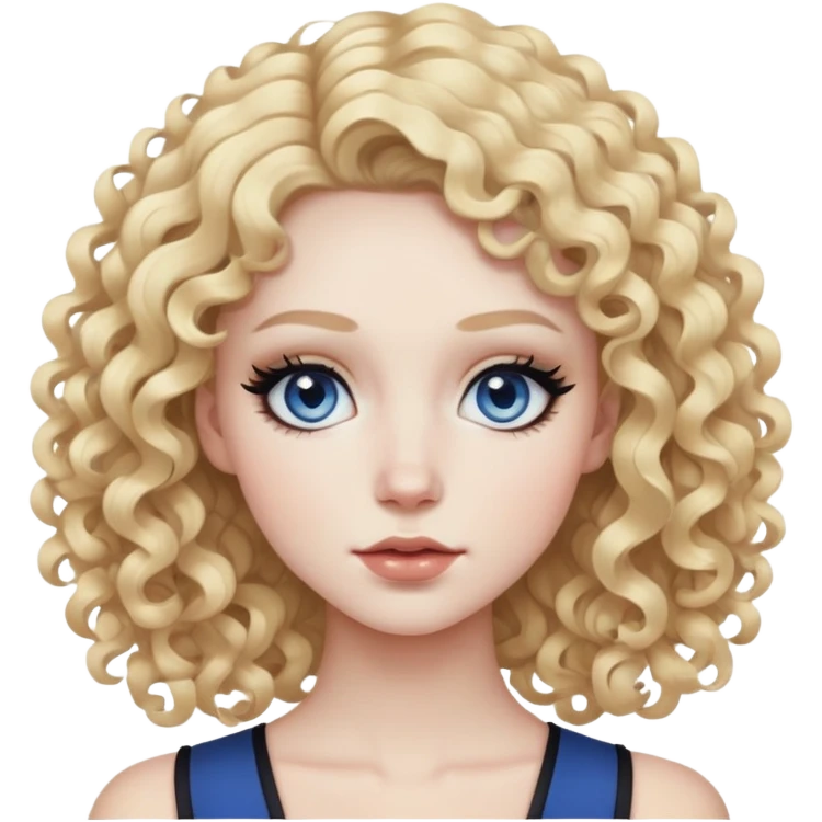 curly blonde hair, pale skin skin, dark blue eyes, pretty bratz baddie, black eyeliner emoji