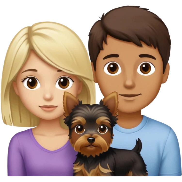 one tan boy with dark brown hair and one girl that is blonde and a yorkie emoji