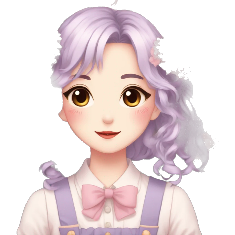 Gorgeous pastel anime style lady with blushing face and flowers and laces and bow ties and pretty hair aesthetic trending style emoji