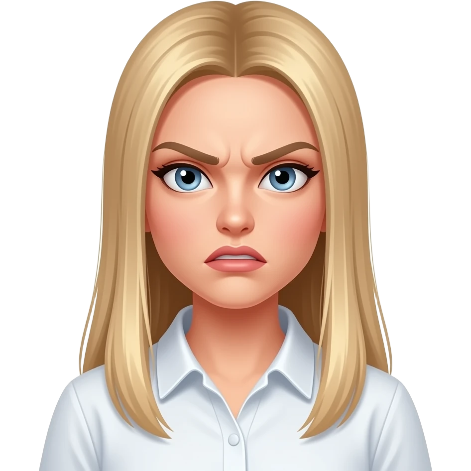 bella ragazza russa bionda capelli lisci lunghi e occhi chiari, con maglietta bianca arrabbiata emoji