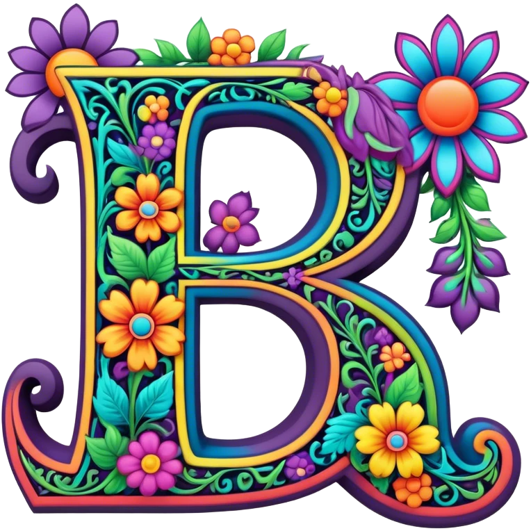 3D, gothic style psychedelic colored Letter “F” with hippie style flower border emoji