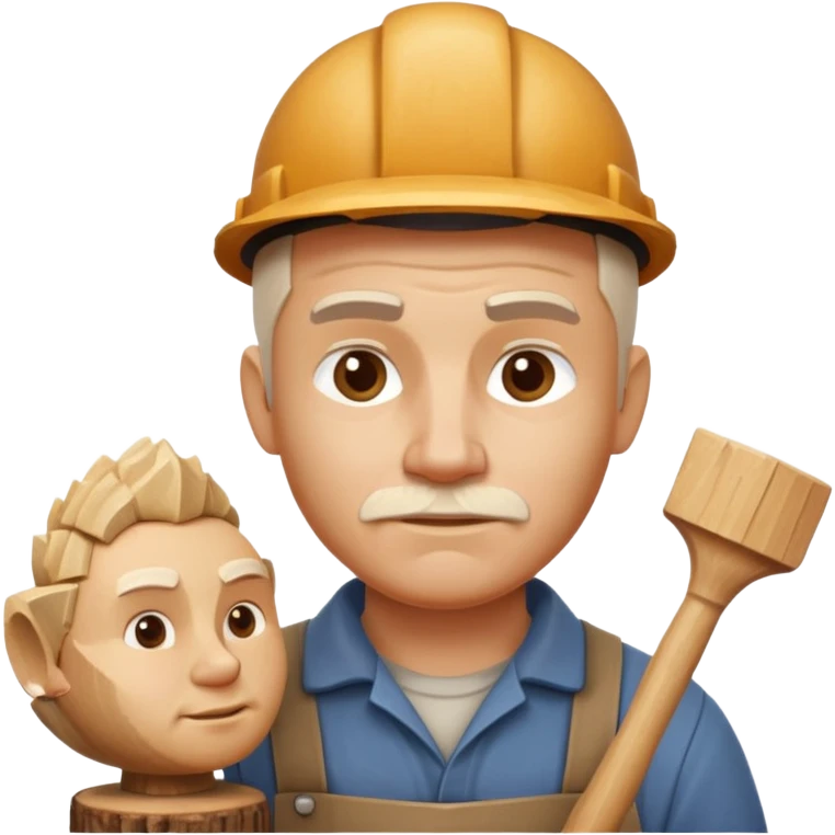 wood carving carpenter portrait, head and shoulders only, carving wooden figure with chisel, wood shavings visible, focused craftsman expression, artisan workshop vibe, 3D cartoon style, mobile game icon style, clean background, no text, no watermark
 emoji
