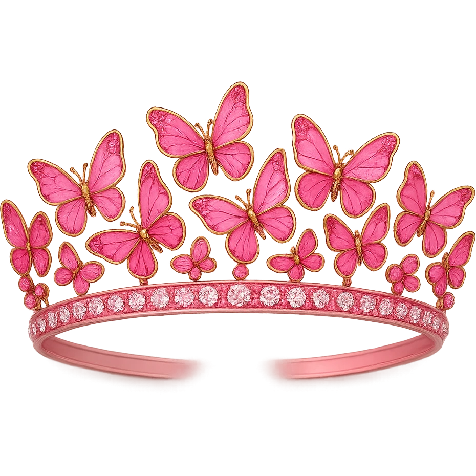 Edit the butterfly crown to have a pink base, colorful enamel butterflies in pink shades, and sparkling gems. Keep the background transparent. emoji