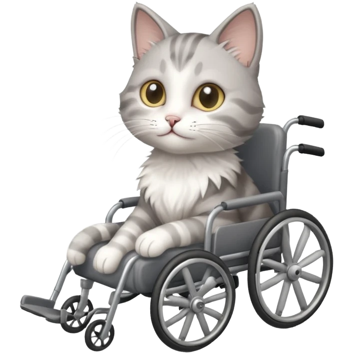 disabled grey and white small cat using a wheelchair made for cats emoji