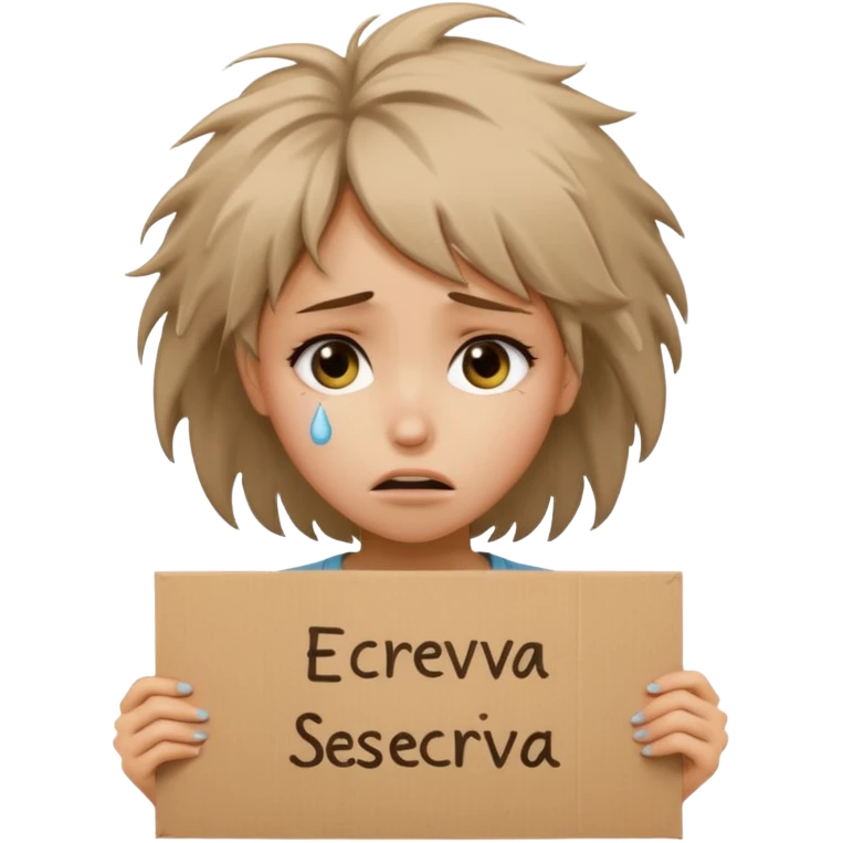 Sad realistic emoji of a young woman with messy hair, holding a cardboard sign that says "ESCREVA-SE", emotional begging expression, cinematic lighting, shallow depth of field, soft blurred background, high detail, viral social media style emoji