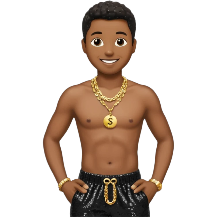 Kenneth Babyface Edmonds with black sequin baggy pants, shirtless with necklace emoji