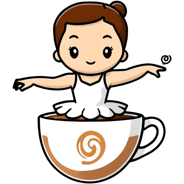Ballerina twirling in a cappuccino cup, coffee foam creating her tutu emoji
