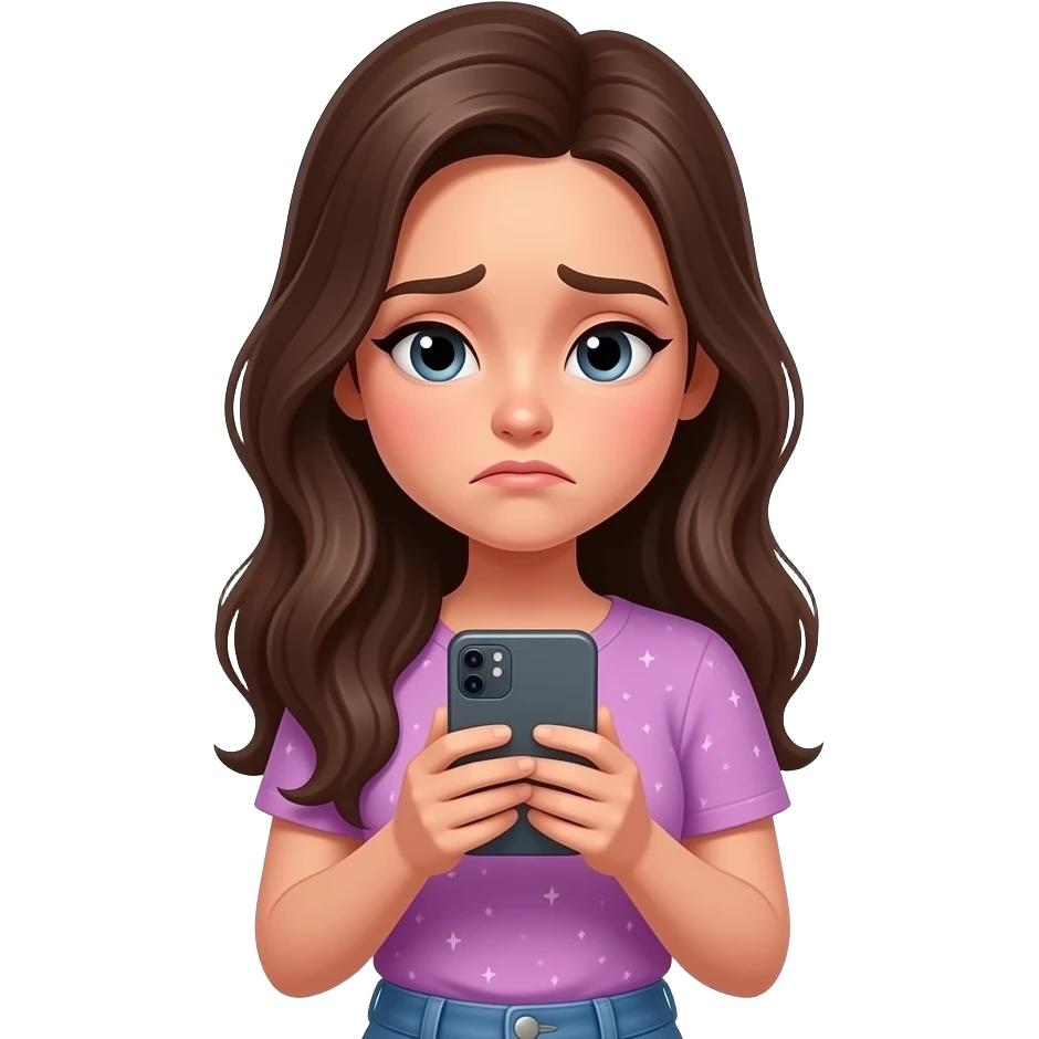 una chica viendo a una influencer  feliz en su celular con un buen cuerpo  y maquillaje,la chica esta triste y a su  alrededor hay app como  tiktok ,instagram y otras que dice por que yo no soy asi emoji