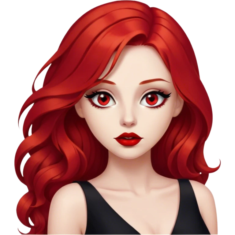 a crying woman with long red hair and red eyes. The woman wear a black little cutted dress. She have red lipstick and she have a seductive look.  emoji