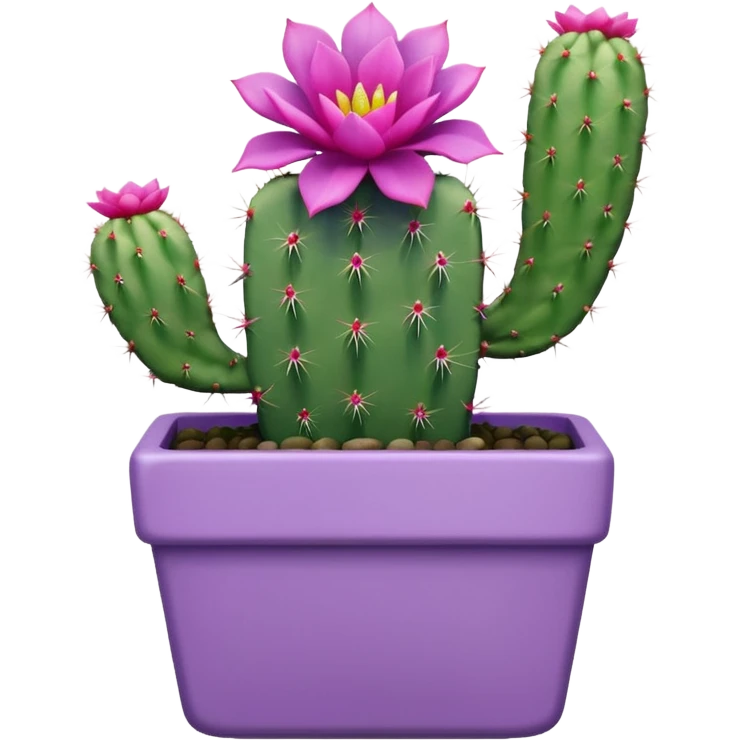One ceramic pot in pastel violet, square, and tall, containing a flowering cactus. emoji