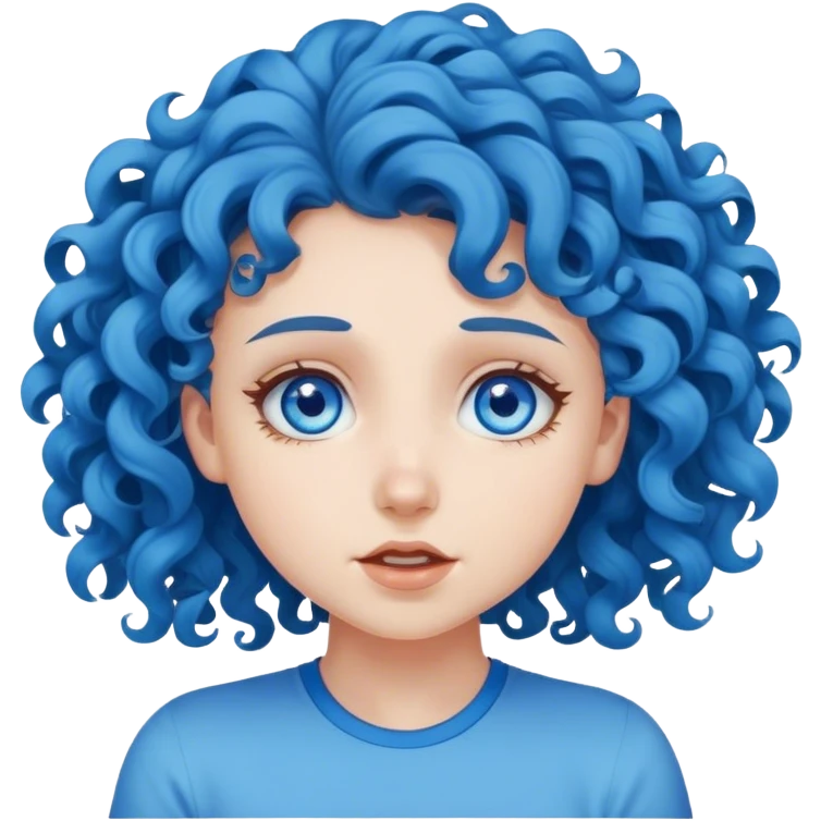 blue curly hair girl with blue eyes shaking head no emoji