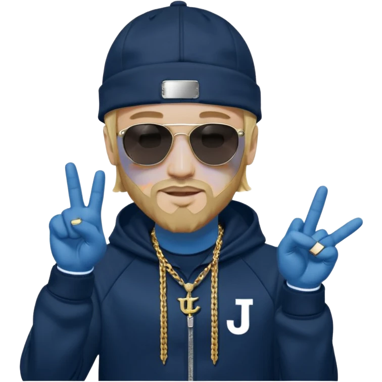 The French rapper Jul. Light skin, trimmed beard, dark navy tracksuit with hood, backwards cap, black sunglasses. Blond hair. both index and middle fingers pointing downward, forming a "J and L" shape. Gold chain and a smirk. Look evoke a Marseille urban vibe. emoji