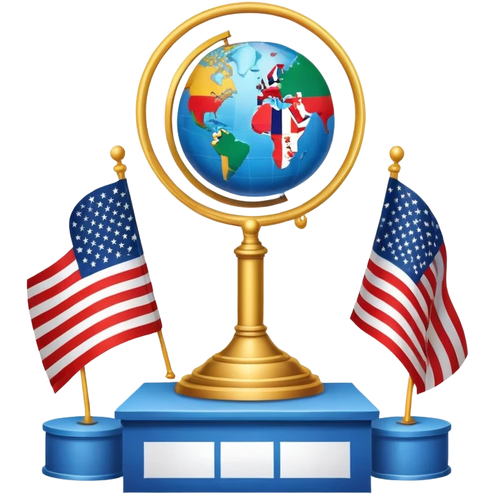 An icon featuring a podium with a speaker, national flags, and voting ballots, symbolizing political science. The design includes a globe and scales of justice in the background, representing governance, global affairs, and political theory. Transparent background emphasizes civic engagement emoji