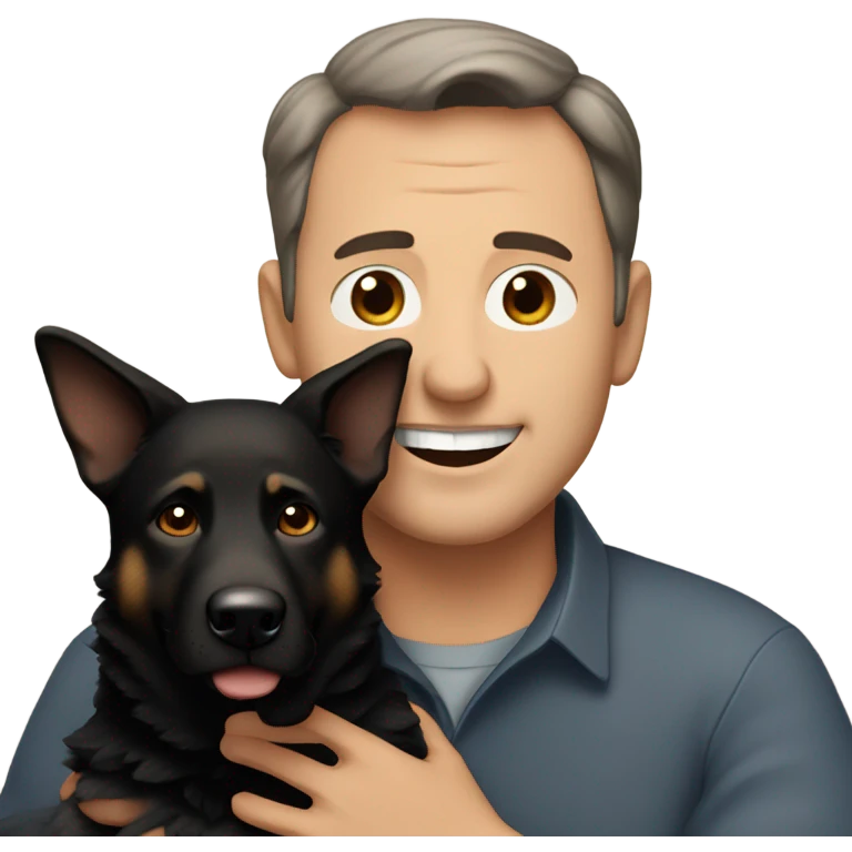 50 year old man with little brown hair and brown eyes hugging a black German Shepherd dog emoji
