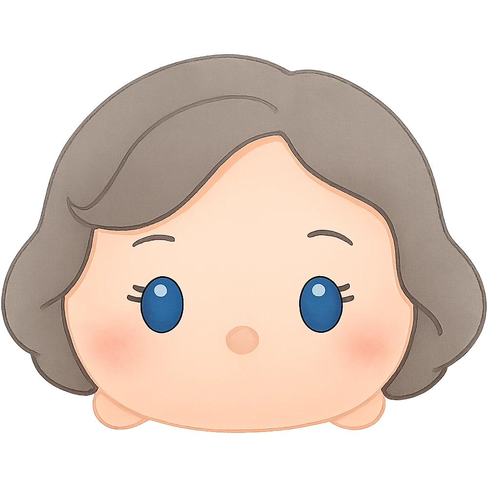 Remove the white border, keep plush tsum tsum style with blue eyes, grey 1940s bob hair, no body, no mouth, and no background. Preserve the plush tsum tsum look and isolate the subject with transparent background. emoji