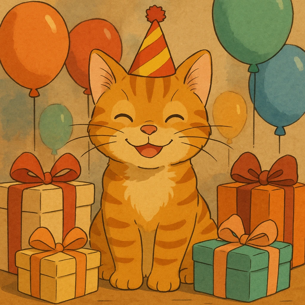 ginger tabby kitten wearing a birthday hat, surrounded by balloons and gifts, smiling, ghibli style birthday scene emoji
