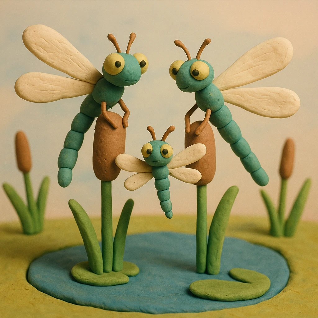claymation style dragonfly family resting on reeds by a pond, parents and baby dragonflies, pastel background emoji