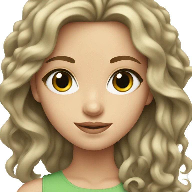 White girl with short, wavy, brunette hair and green eyes emoji