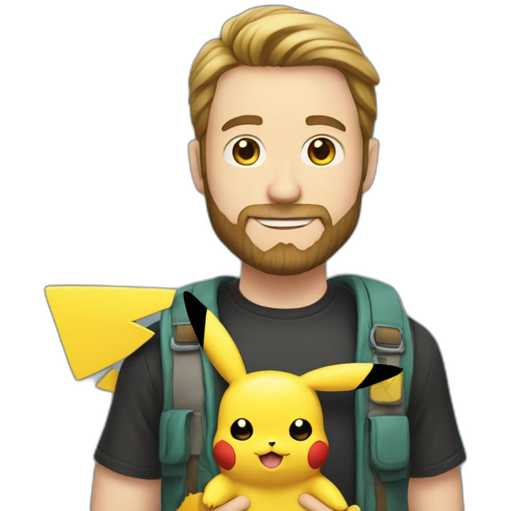 white man with beard holding a pikachu pokemon emoji