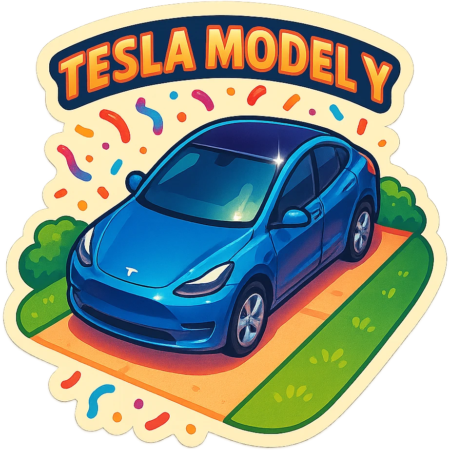 A Tesla Model Y parking in a home driveway with grass on the sides, from above, with confetti emoji