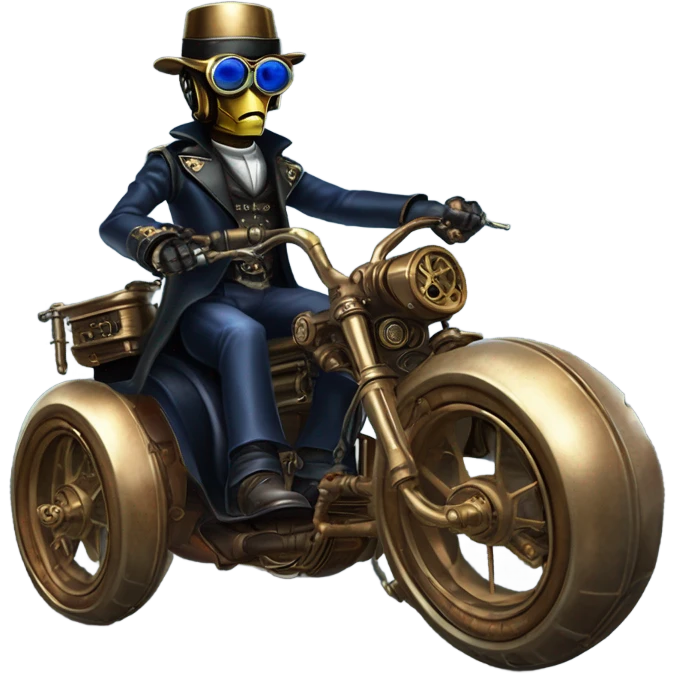 Bounty hunter C-3PO wearing a pair of navy-blue rimmed steampunk goggles, hat, leather chaps, fringe jacket riding a fast sporty 3 wheeler trike steampunk motorcycle in desert town  emoji