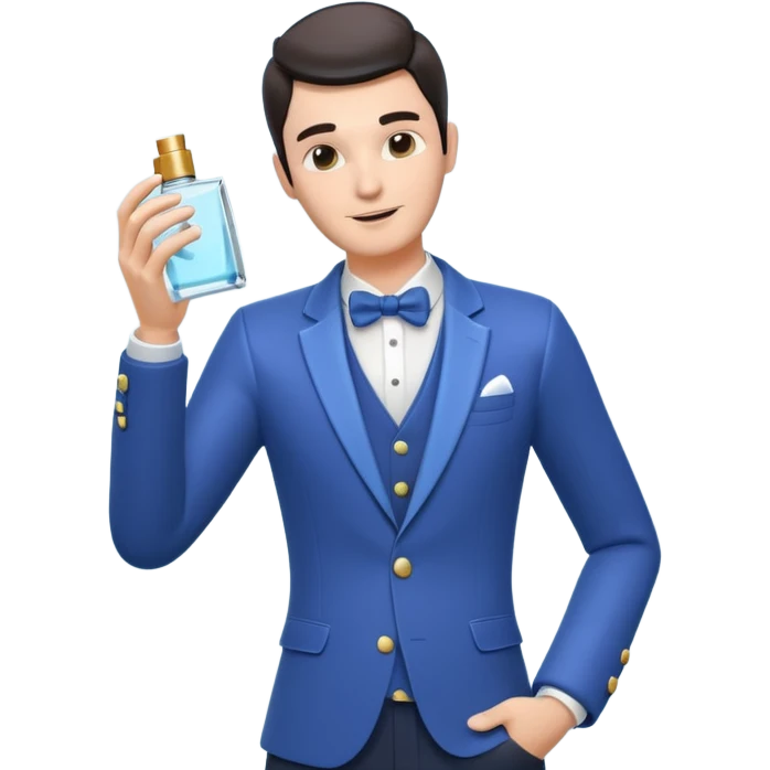 stylish man spraying perfume, holding a perfume bottle, mist spray in the air, elegant pose, 3D cartoon, mobile game icon style, clean background, no text, no watermark

 emoji