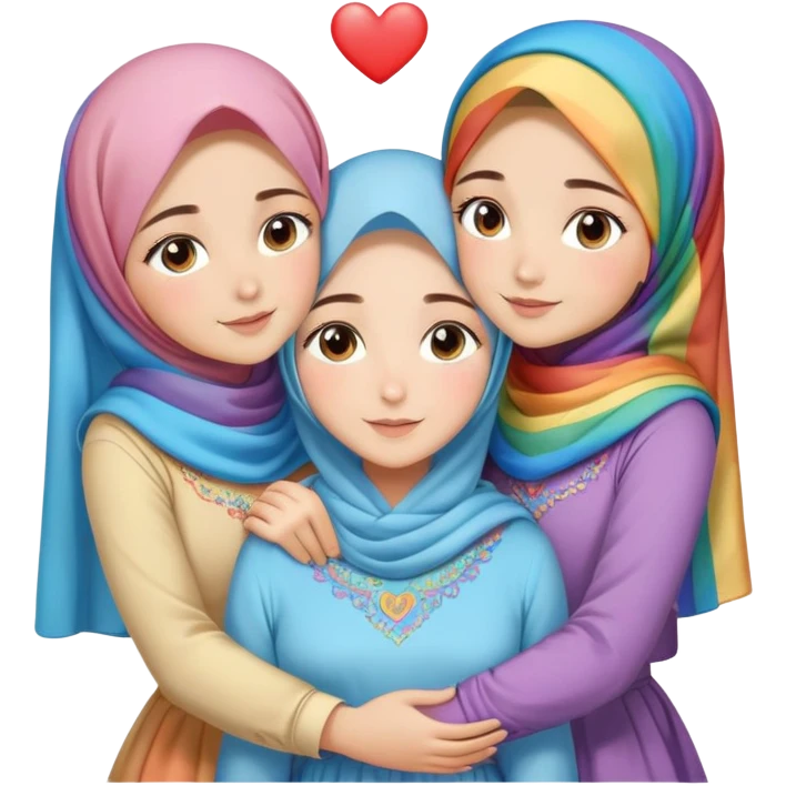 Four sister hugs Turkish girls beautiful finish Konya brown and blue eyes with rainbow pastel hijab and heart dress and hugs  emoji