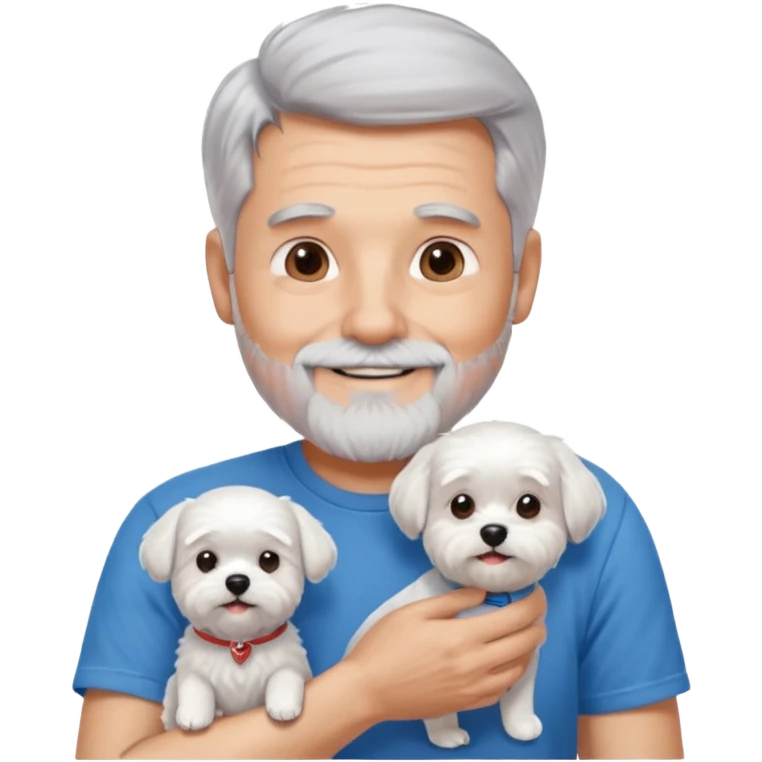 handsome gentleman, 60 years old, silver hair short, full beard, wearing a blue t-shirt, smiling and holding a maltese dog emoji