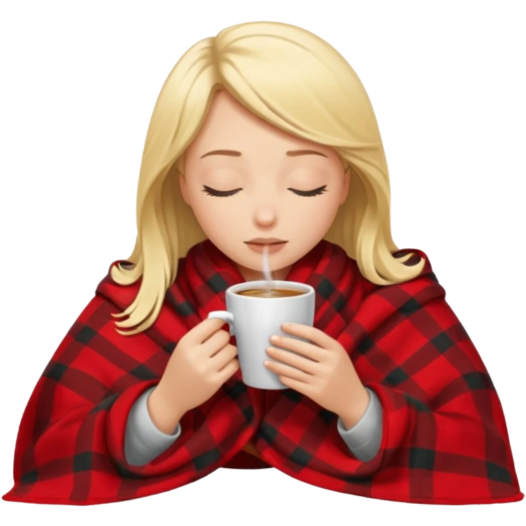 Blonde girl inside a blanket sipping coffee eyes closed emoji