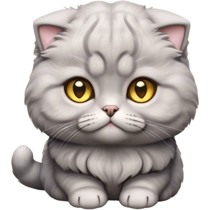 Cinematic Adorable Fluffy Grey Scottish Fold Cat Portrait Emoji, Adorable folded ears perched atop its soft, round head, head tilted cutely with big, sparkling yellow eyes, soft grey fur with darker points on the ears, face, and paws, Simplified yet irresistibly adorable features, highly detailed, glowing with a soft, warm glow, high shine, affectionate and playful, stylized with a touch of whimsy, bright and endearing, soft glowing outline, capturing the essence of a curious and loving kitten with the signature charm of a Scottish Fold's unique folded ears, so cute it feels like it could leap out of the screen and snuggle up for a cuddle! emoji