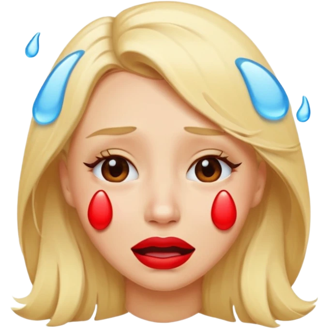 blonde having crying emoji tears from hard laughter. really happy in general, happy eyes. red lipstick emoji