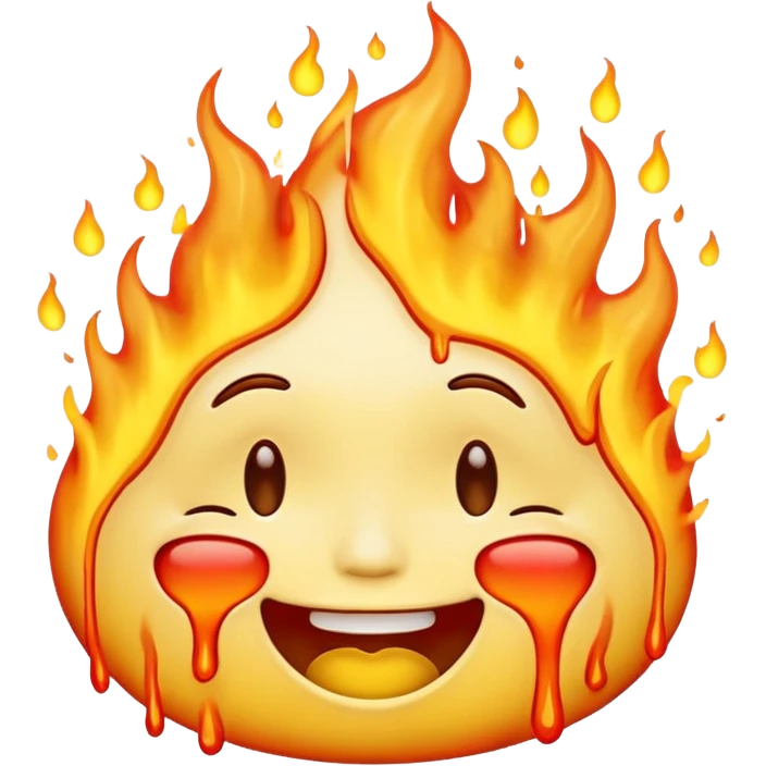A high-resolution, surreal emoji face with a transparent background. The emoji is simultaneously grinning, crying, and melting while on fire.  emoji