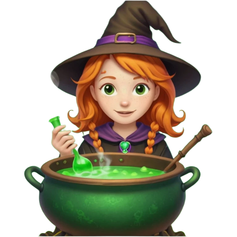 cute ginger witch stirring a bubbling cauldron, freckles, mischievous smile emoji
