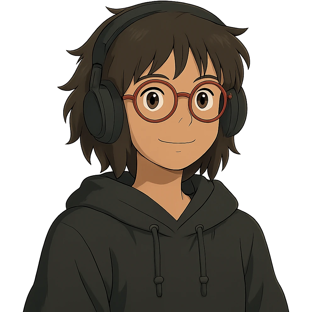 ghibli style tan brunette girl with a short wolf haircut, round ruby glasses, black headphones, and a black hoodie emoji