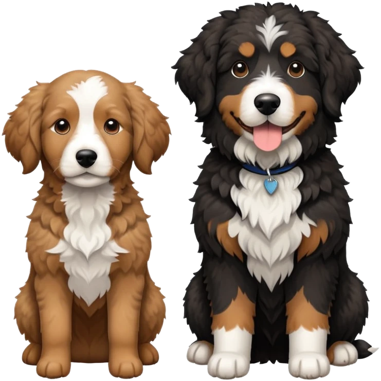 2 dogs: one light brown Aussie doodle, one Bernedoodle all black with white eyebrows some white markings, no brown coloring. Both same size. emoji