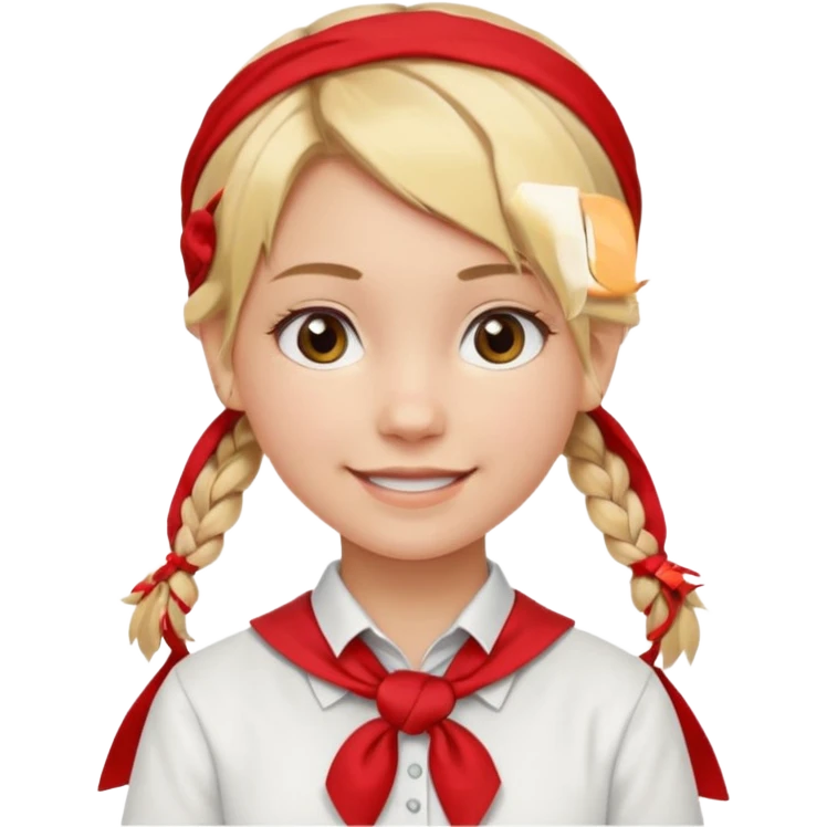 A Soviet pioneer girl emoji — smiling young girl with blonde hair tied into two short braids. She wears a white school shirt and a wide bright red pioneer neckerchief tied in a loose triangular knot at the chest (not a necktie) emoji