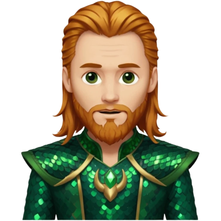 Loki, God of Mischief with long reddish blonde hair and beard, dark green sequin outfit emoji
