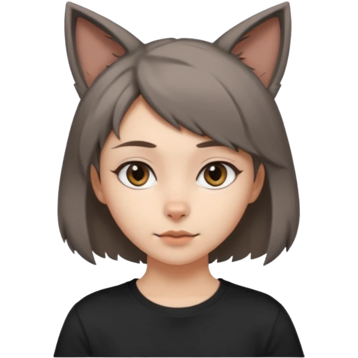 a girl with short brown wolf cut , grey cat ears and a tail, with a black t-shirt on emoji