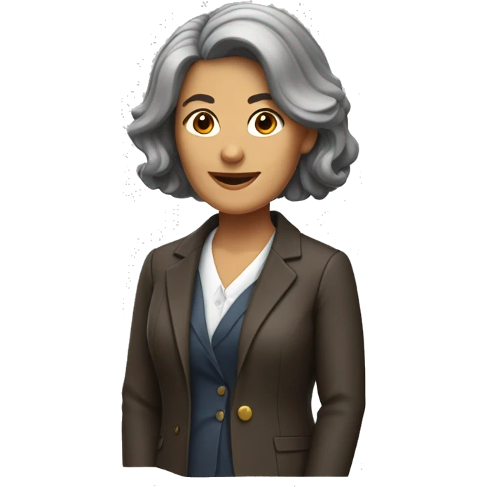 a middle-aged woman with shoulder-length dark brown hair in a jacket as a school headmaster emoji