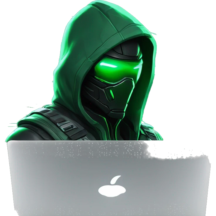 Side view developer behind his laptop with this style : crysis Cyberpunk Valorant neon glowing bright green character green black hooded assassin themed character emoji