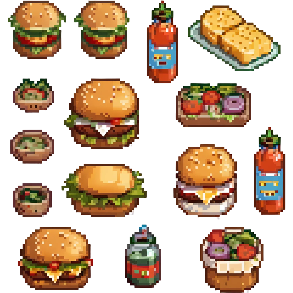 burger emoji with halved bun, salad, pickle, onion, tomato cutlet, sauce, cheese, halved bun emoji
