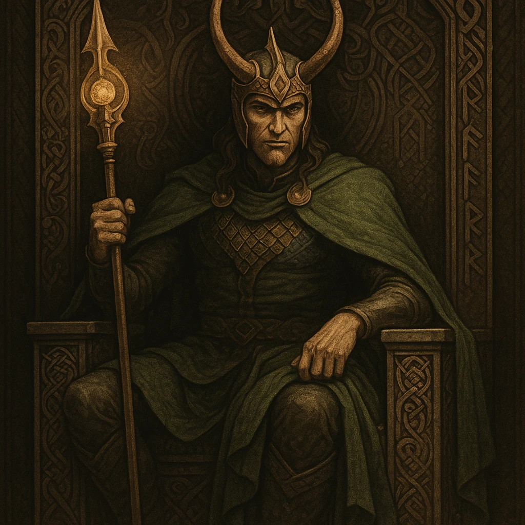 Loki sitting on a throne, wearing a horned crown, green cape, scepter in hand, Norse mythology style emoji