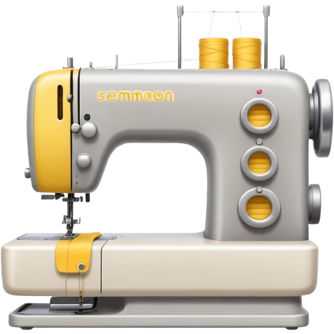 Emoji of a modern sewing machine inspired by a Brother machine. Soft, rounded shapes in the style of Apple emojis, with subtle gradients and soft shadows. White body with light gray details, a yellow spool on top emoji
