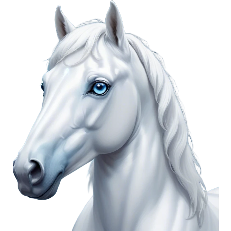 Cinematic Noble White Horse Portrait Emoji, Poised and regal, with a strong, athletic build and a pristine, well-groomed pure white fur, deep-set soulful blue eyes, Simplified yet sharp and sophisticated features, highly detailed, glowing with a soft, dignified glow, high shine, intelligent and majestic, stylized with an air of ethereal grace, focused and attentive, soft glowing outline, capturing the essence of a watchful and confident steed, so majestic it feels as though it could gallop out of the screen with effortless authority! emoji