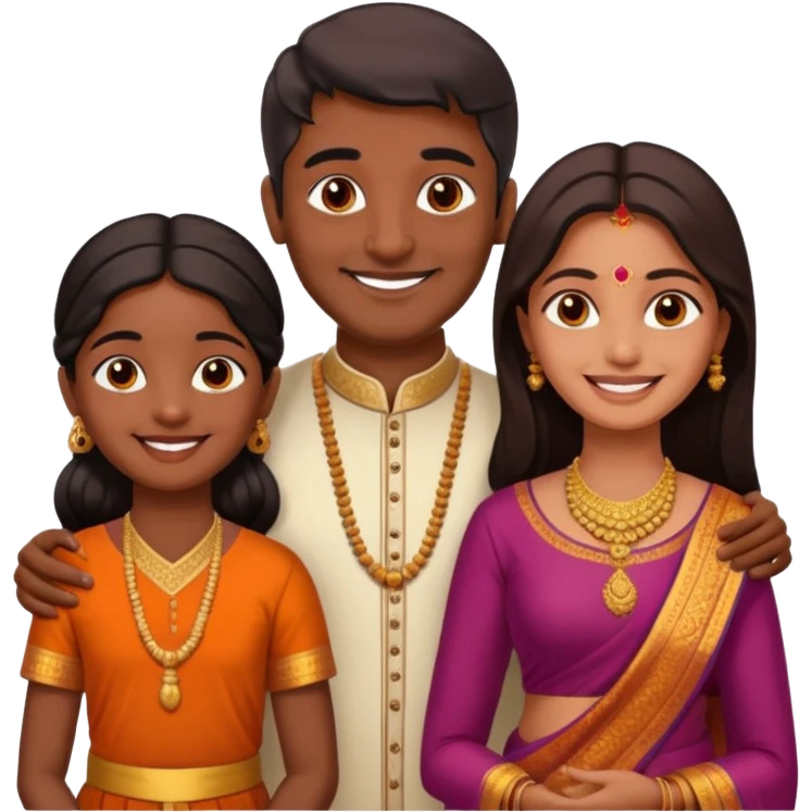 South indian hindu family with a 70 years old father and mother and one 40 years old daughter. They wear a traditional dress. They are smiling. emoji