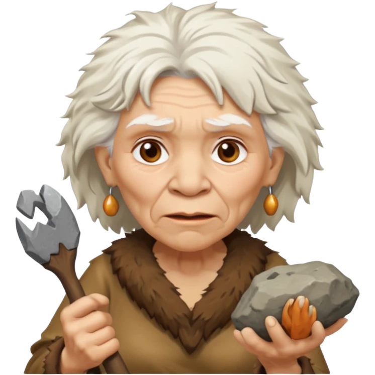 cartoon old woman Neanderthal with messy white hair and stone tool emoji