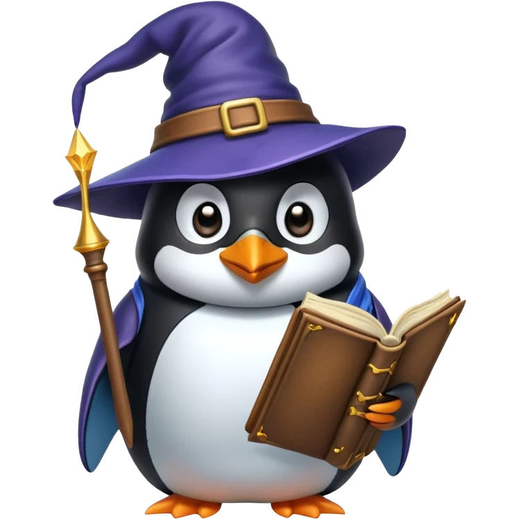 A penguin wizard reading a spellbook emoji