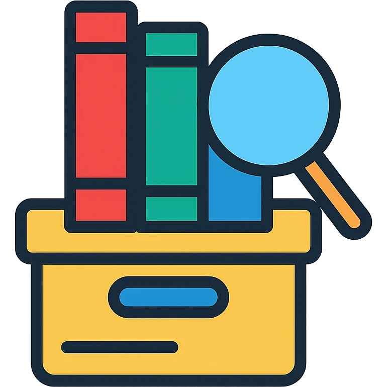 magnifying glass over an archive box of books, representing archive search, colorful outlined icon style emoji