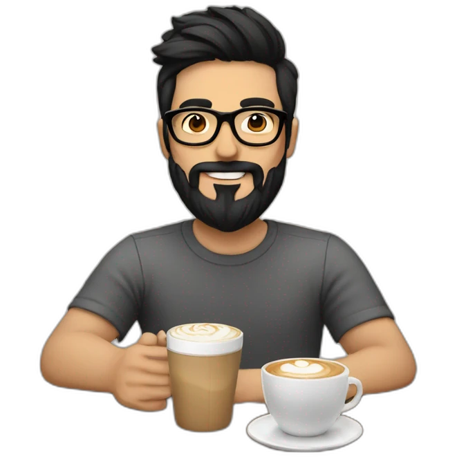 Hipster with black hair, beard and glasses drinking cappuccino   emoji