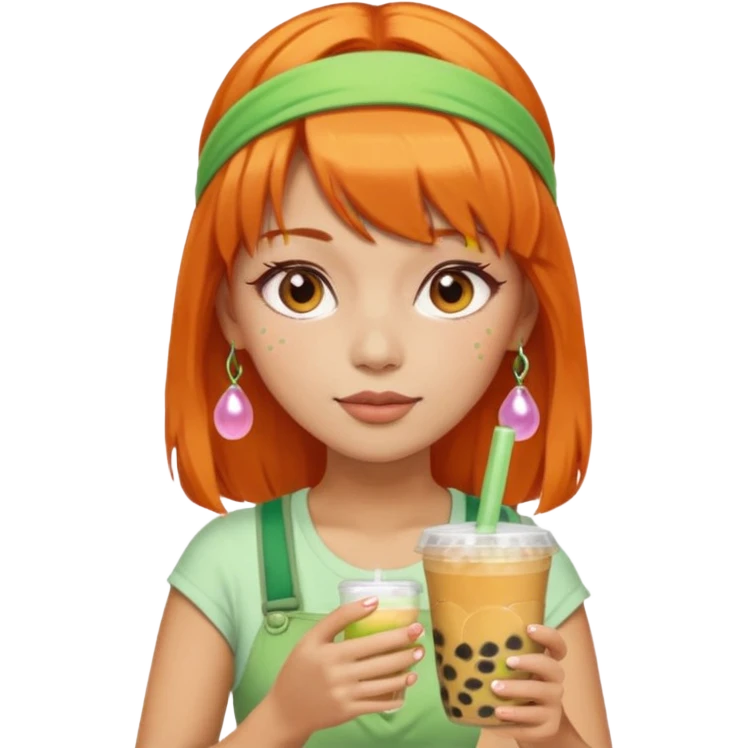 Create an emoji of a woman with orange hair, bangs, and a green headband, holding a cup of bubble tea. emoji